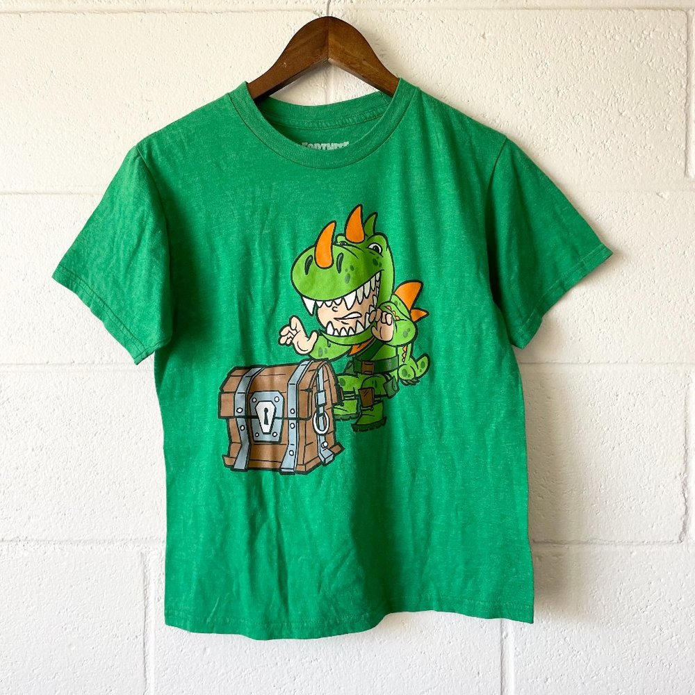 Fortnite Green Dinosaur Chest Video Game Short Sleeve Graphic T-shirt Boy's Med